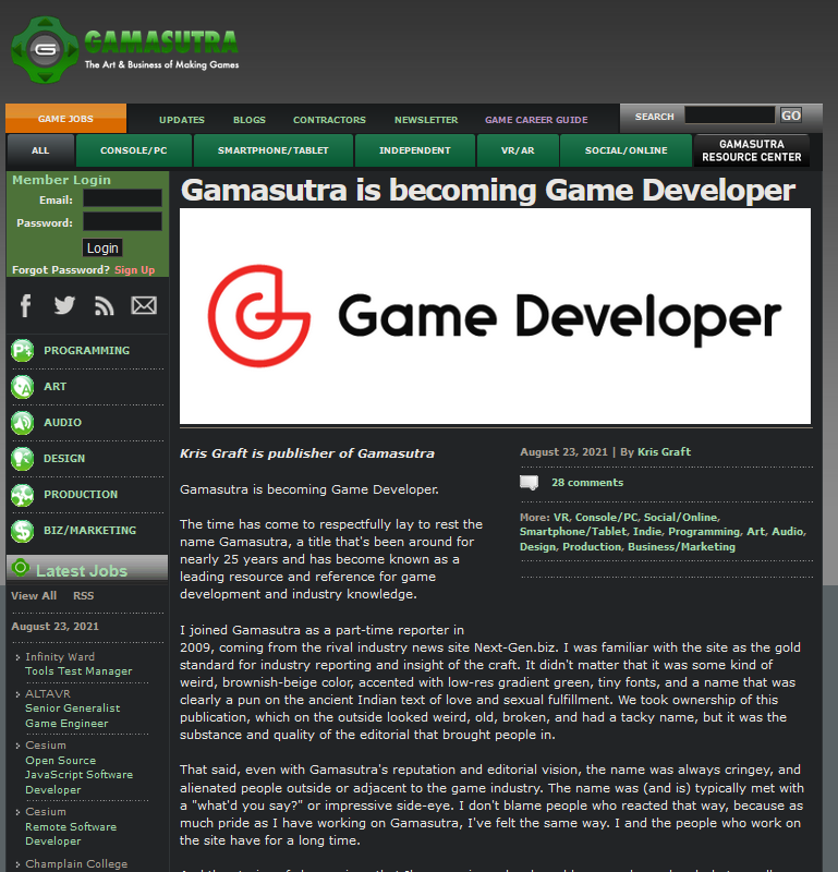 老牌游戏媒体Gamasutra更名 总编认为老名字“不合时宜”